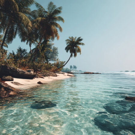 A serene tropical beach features palm trees swaying gently by turquoise waters, inviting relaxation and a sense of escape in a peaceful natural setting. Perfect for vacation landscapes.の素材
