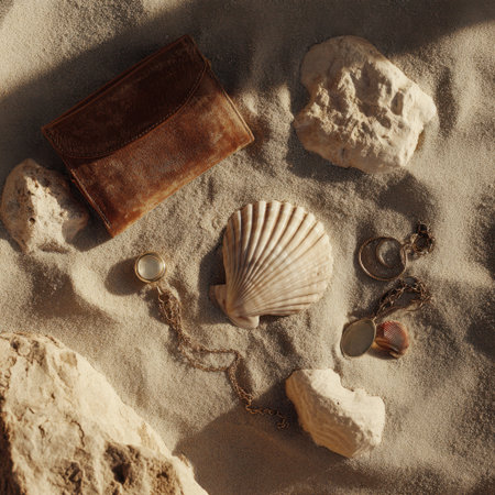 A stylish flat lay of a brown leather wallet, seashells, and jewelry on soft sand, showcasing natural textures and summer aesthetics perfect for beach-themed visuals.の素材