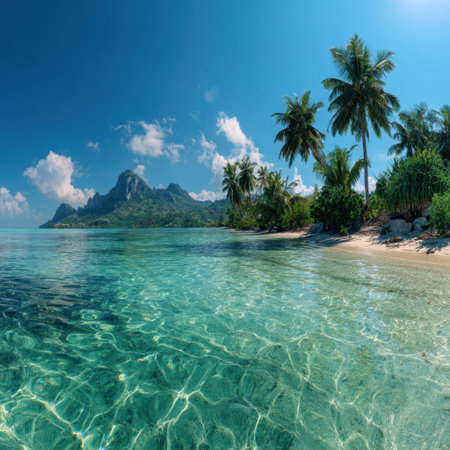 A breathtaking view of a tranquil tropical beach with clear turquoise waters, lush palm trees, and a majestic mountain backdrop, perfect for relaxation and adventure seekers.の素材