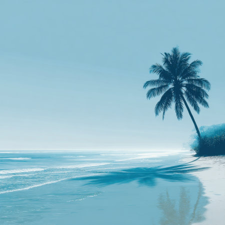 A tranquil beach featuring soft waves lapping at the shore, accompanied by a lone palm tree. This idyllic scene captures the essence of relaxation and natural beauty.の素材