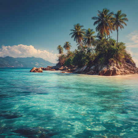 A breathtaking view of a tropical beach showcasing crystal clear waters, lush palm trees, and distant mountains, perfect for evoking relaxation and adventure in paradise.の素材