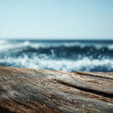 A serene view of gentle ocean waves quietly hitting a rustic wooden surface under soft natural sunlight, evoking a sense of peace and tranquility by the shore.の素材