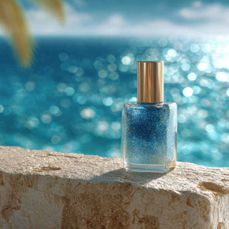 A beautifully designed blue glittering cosmetic bottle rests on a stone ledge, capturing the essence of summer with an enchanting ocean view and radiant sunlight reflecting on water.の素材