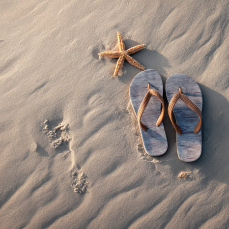 A close-up view of a pair of worn flip-flops next to a starfish on soft sand, enveloped in warm morning light, perfect for evoking summer nostalgia and beach vibes.の素材