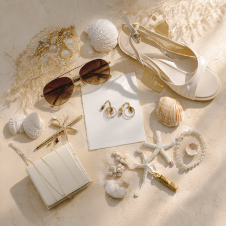 Discover an elegant arrangement of summer accessories including jewelry, shoes, and seashells on a soft beige background, perfect for seasonal fashion inspiration.の素材