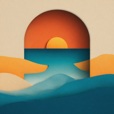 Vibrant abstract landscape featuring a stunning sunset and smooth waves. This artwork radiates tranquility and creativity, ideal for various design applications and artistic projects.の素材