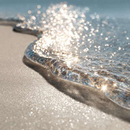 Experience the beauty of gentle waves caressing a sandy shore under soft sunlight, creating a serene coastal atmosphere perfect for relaxation and peaceful moments.の素材