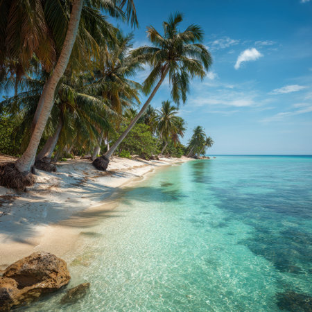 Immerse yourself in this stunning tropical beach scene, featuring swaying palm trees, soft sand, and crystal-clear waters, perfect for a refreshing vacation or peaceful retreat.の素材