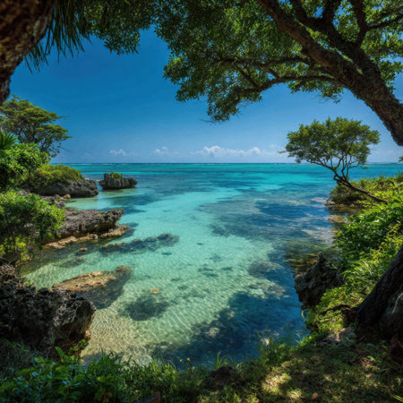 Scenic view of a tropical shoreline featuring crystal clear turquoise water, lush greenery, and a captivating sky, perfect for showing blissful paradise and serenity.の素材
