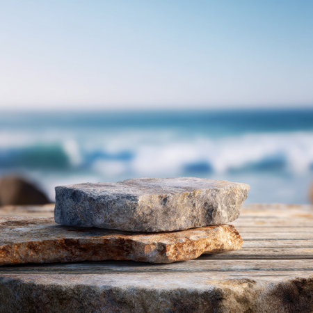 A beautiful arrangement showcasing textured rocks on a wooden surface, with stunning ocean waves in the background, creating a tranquil atmosphere perfect for relaxation and nature lovers.の素材