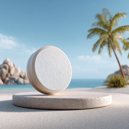 A serene beach scene featuring a minimalist product display, surrounded by palm trees and rocky formations, perfect for summer-themed advertising or relaxation-related imagery.の素材