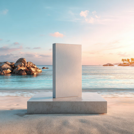 A serene beach scene with a minimalist stone monument set in soft sand, reflecting the tranquil vibes of a sunset over gentle ocean waves and distant palms.の素材