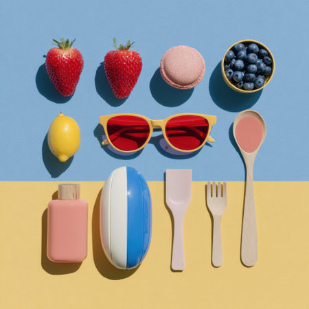 A vibrant summer picnic setup featuring fresh fruits, stylish sunglasses, and playful accessories, creating a cheerful and lively atmosphere perfect for outdoor enjoyment.の素材