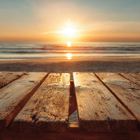 A captivating sunset over the ocean showcases glimmering waves, vibrant colors, and a rustic wooden deck, creating a serene backdrop for relaxation and nature appreciation.の素材