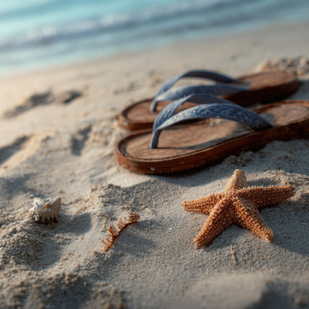A serene beach scene featuring colorful starfish and a pair of flip flops resting on soft sand, embodying the relaxed vibe of a perfect summer vacation.の素材