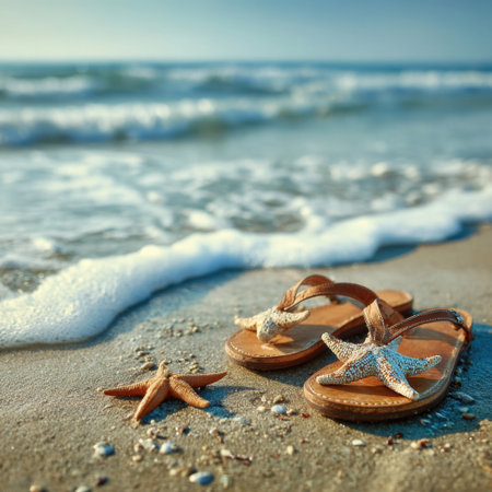 Enjoy a tranquil beach scene with sandals and starfish adorning the shoreline, as gentle waves wash over warm sand under a bright summer sky.の素材