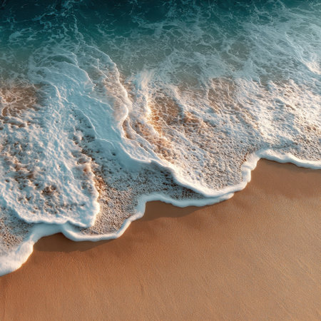 This stunning aerial shot showcases the gentle waves meeting the golden sandy beach, revealing a peaceful coastal scene perfect for evoking a sense of relaxation and tranquility.の素材