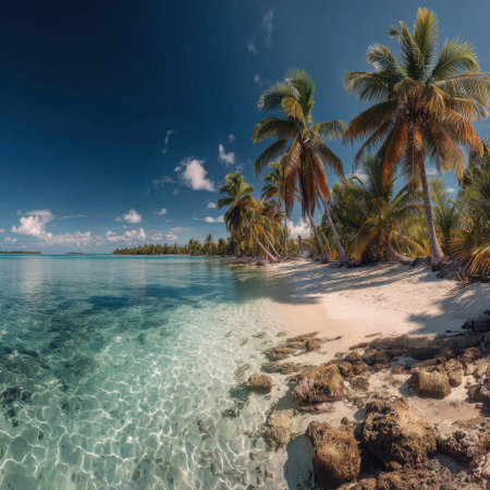 A serene beach scene featuring clear waters, swaying palm trees, and a rocky shoreline under a vivid blue sky, ideal for relaxation and summer escapes.の素材