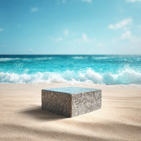 A minimalist stone block sits on a serene beach, framed by gentle ocean waves and a clear sky, creating a tranquil atmosphere perfect for relaxation and contemplation.の素材