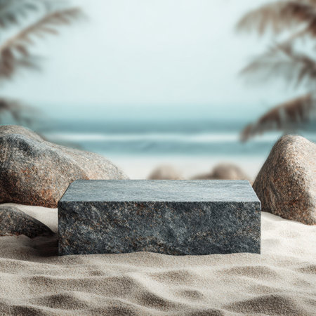 A serene coastal scene with smooth stones resting on soft sand, gentle waves lapping at the shore, and soft palm leaves swaying in the background, ideal for relaxation and nature themes.の素材
