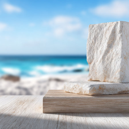 A pristine white stone placed on a wooden surface with a beautiful ocean view in the background, evoking a sense of tranquility and natural beauty. Perfect for relaxation themes.の素材
