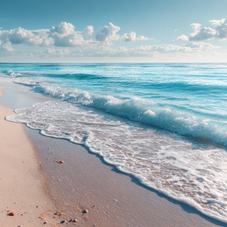 Experience a tranquil beach scene with a gentle ocean breeze, soft sand, and vibrant blue water that invites relaxation and escape into nature's beauty.の素材