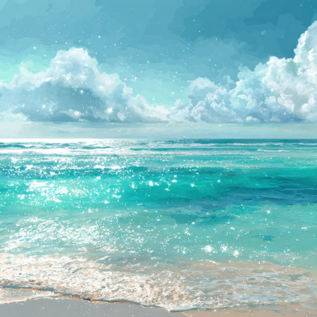 A beautiful scene featuring a calm ocean with gentle waves, sandy beach, and fluffy clouds under a bright blue sky, evoking feelings of peace and tranquility perfect for nature lovers.の素材