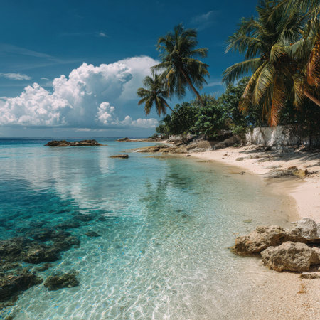 A stunning tropical beach scene showcasing crystal clear water, palm trees, and a picturesque coastal landscape under a bright blue sky with fluffy clouds. Perfect for relaxation.の素材