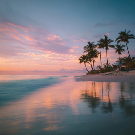This stunning image captures a serene sunset over a tranquil beach, with gentle waves lapping at the shore and vibrant colors reflecting on the water's surface.の素材