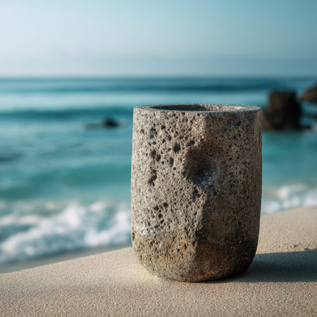 A detailed view of a rough stone vessel placed on a tranquil beach, surrounded by soft waves and a picturesque coastal background, evoking peace and natural beauty.の素材