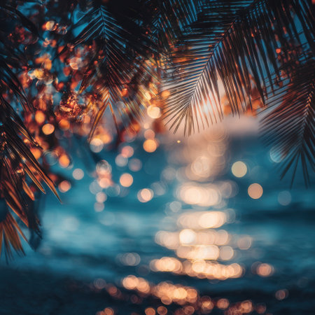 A stunning coastal scene captured at sunset, featuring soft light reflections on water and lush palm leaves, creating a peaceful and serene atmosphere ideal for relaxation and beauty.の素材