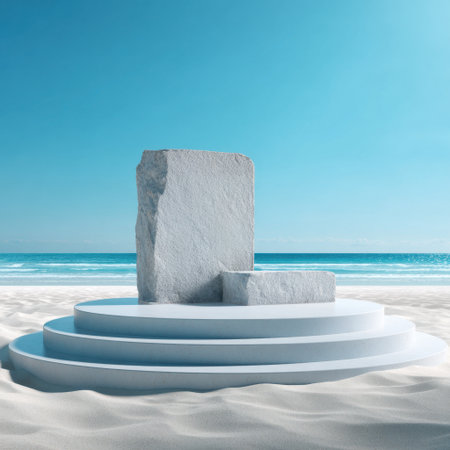 A striking abstract sculpture made of stone sits on a pristine beach, surrounded by soft sand and the calming blue ocean, conveying tranquility and inspiration.の素材