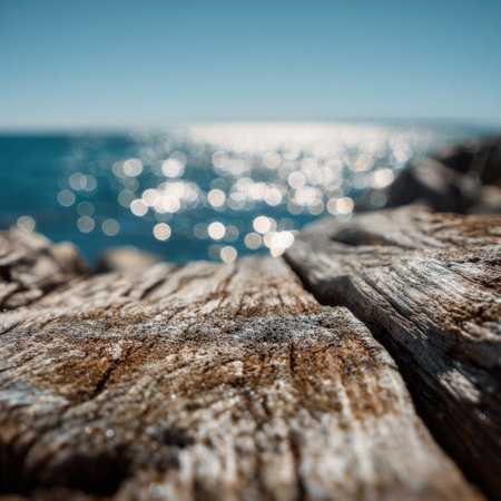 A serene view of a wooden dock along the shoreline, capturing the sparkling sea water in sunlight. The image evokes calmness and connection to nature in bright, inviting colors.の素材