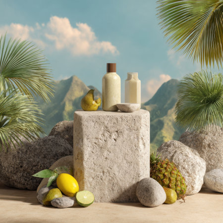 A serene still life composition of stones, vibrant plants, and natural bottles, set against a picturesque mountain backdrop, evoking themes of wellness and tranquility.の素材