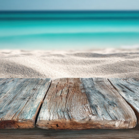 A serene beach scene featuring a weathered wooden plank in the foreground and gentle turquoise waves lapping against the sandy shore in the background. Perfect for evoking relaxation.の素材