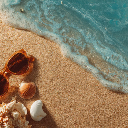 A pair of stylish sunglasses rests on golden sand with seashells beside gentle ocean waves, evoking feelings of summer relaxation and coastal adventure. Perfect for travel enthusiasts.の素材
