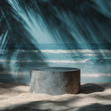 A tranquil beach scene featuring gentle waves, soft sand, and tropical palm leaves, perfect for evoking relaxation and the essence of a serene coastal getaway.の素材