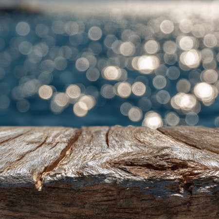 A weathered wooden plank rests in the foreground, with a beautiful blurred water reflection in the background, evoking feelings of tranquility and connection to nature.の素材