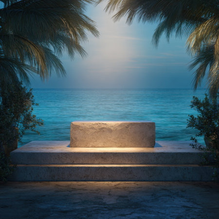 Discover a peaceful coastal scene featuring calm waters and lush palm trees, ideal for projects focusing on nature, tranquility, and relaxation in a serene setting.の素材