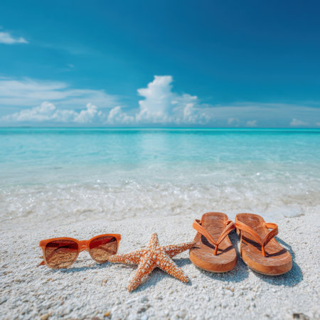 A picturesque beach scene featuring sunglasses, a starfish, and flip-flops on fine sand, under a serene blue sky and calm turquoise waters, perfect for summer vacation vibes.の素材
