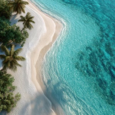 Experience the beauty of a pristine tropical beach with inviting turquoise waters, fine sand, and swaying palm trees, perfect for relaxation and adventure under the sun.の素材