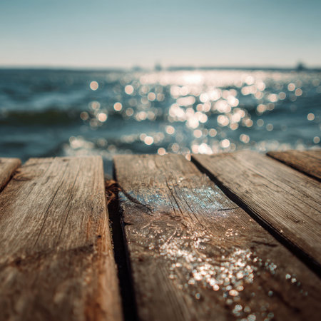 A peaceful scene captures weathered wooden planks by the shimmering ocean, with soft sunlight reflecting off the water, perfect for evoking calm and relaxation.の素材