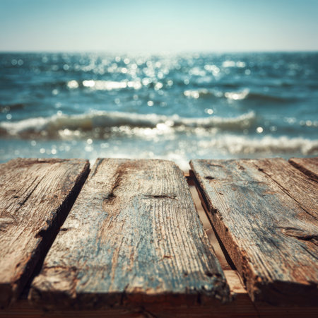 A serene view of weathered wooden planks at the edge of a glittering ocean, capturing the calming essence of natureの素材