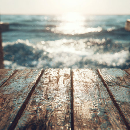A beautiful scene of sunlight glimmering on ocean waves viewed from a rustic wooden deck, perfect for evoking feelings of calm and escape by the sea.の素材