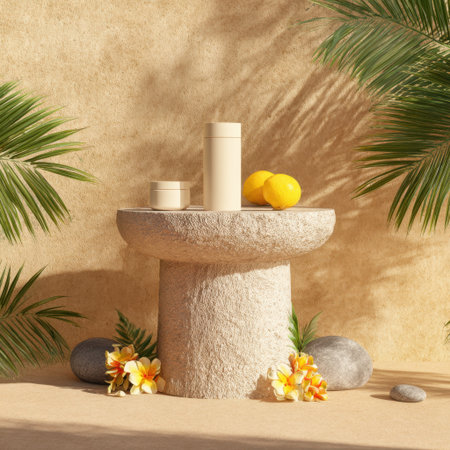 A serene arrangement featuring cylindrical containers and a yellow fruit, surrounded by tropical plants, stones, and flowers, creating a warm and inviting atmosphere.の素材