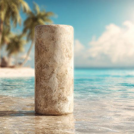 A picturesque coastal scene featuring a cylindrical stone pillar on a sandy shore, embraced by tropical palm trees and calm ocean waters under a bright blue sky.の素材