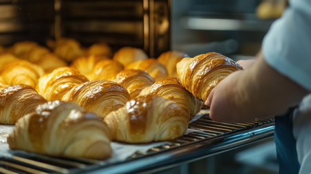 A skilled baker carefully handles a freshly baked batch of golden croissants in a bustling commercial kitchen, showcasing the artistry and warmth of homemade pastries.の素材