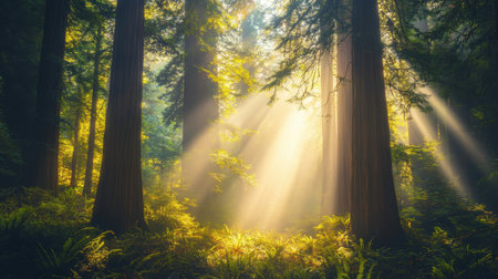 A tranquil forest scene where sunlight streams through tall trees, creating a magical ambiance. Vibrant green ferns are illuminated, enhancing the serene atmosphere of nature.の素材
