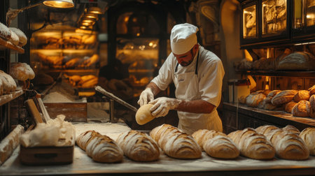 An artisan baker skillfully crafts delicious bread in a beautifully lit bakery, highlighting the love for traditional baking methods and fresh ingredients in a cozy setting.の素材