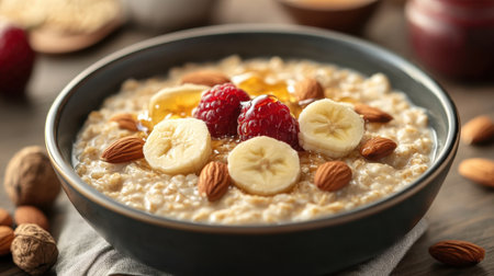 Indulge in a delicious and nutritious breakfast bowl featuring creamy oatmeal topped with banana slices, fresh raspberries, honey, and almonds, perfect for a wholesome meal.の素材